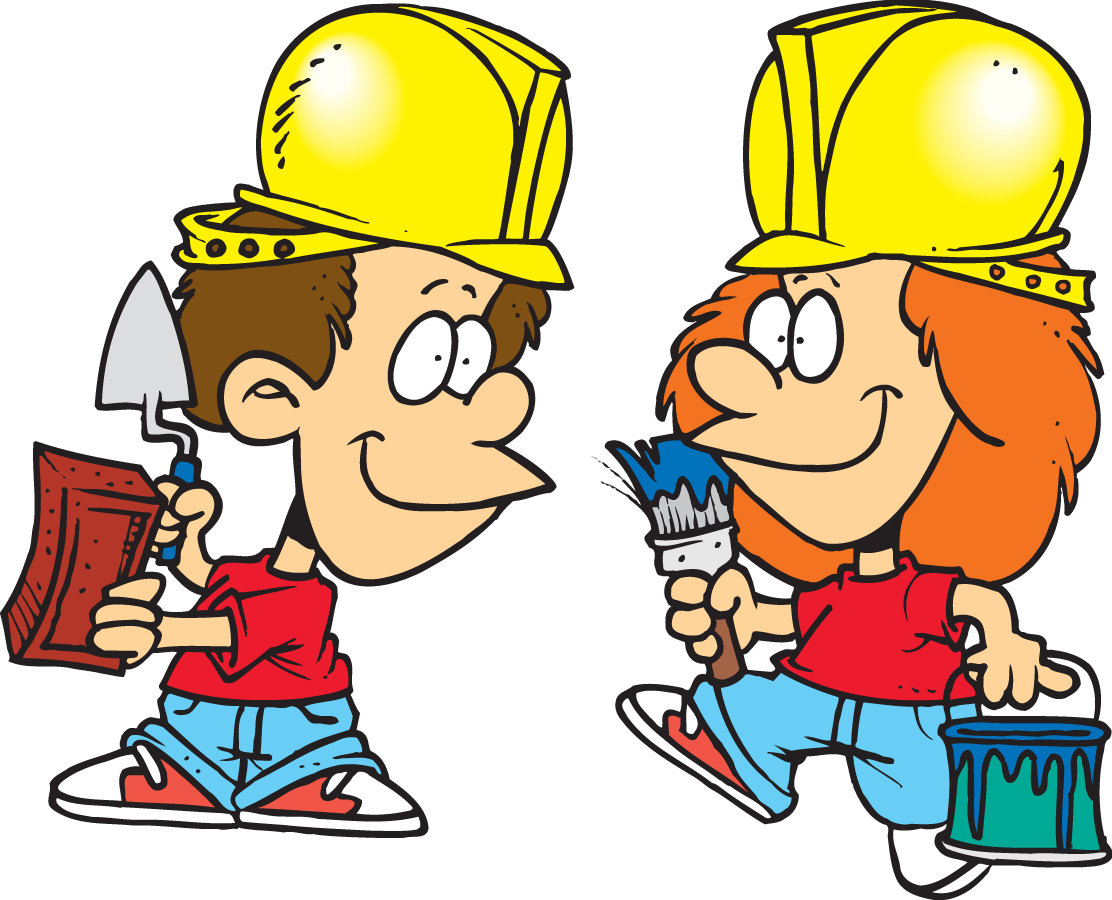 Toon A Day cartoon of a two kids doing construction work. A boy with a brick and trowl and a girl with a paint brush, dripping blue paint and carrying an open can.  Both have yellow hard hats on.